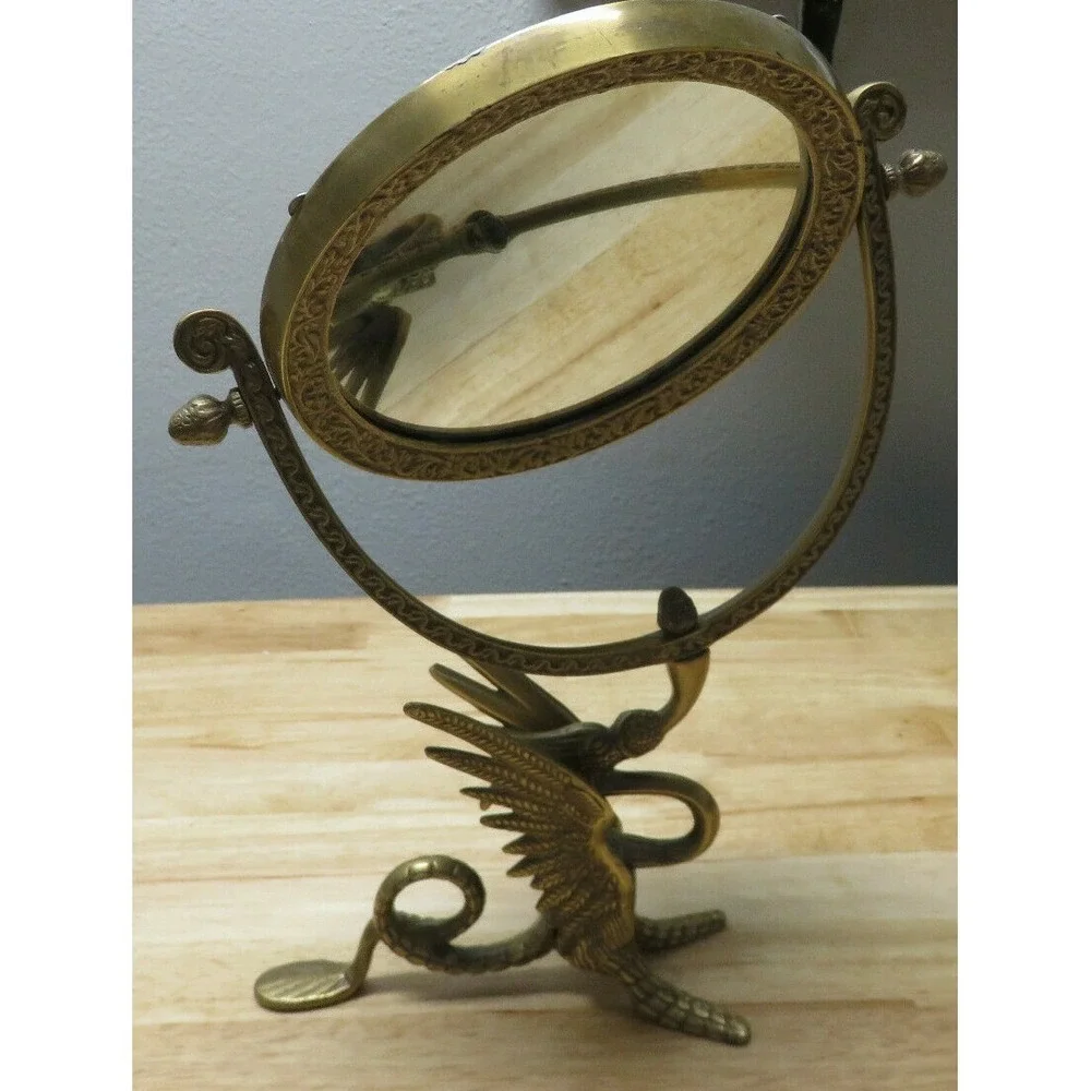 Antique Bronze TONE ORNATE ASIAN CHINESE DRAGON FISH‎ 1 SIDE VANITY MIRROR 15